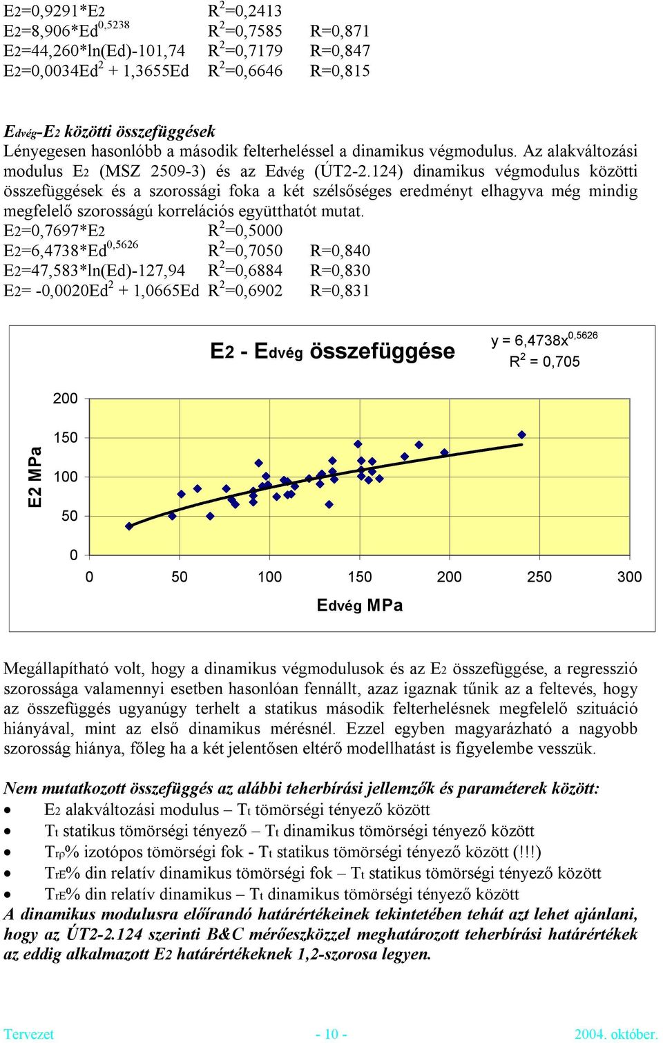 124) dinamikus végmodulus közötti összefüggések és a szorossági foka a két szélsőséges eredményt elhagyva még mindig megfelelő szorosságú korrelációs együtthatót mutat.