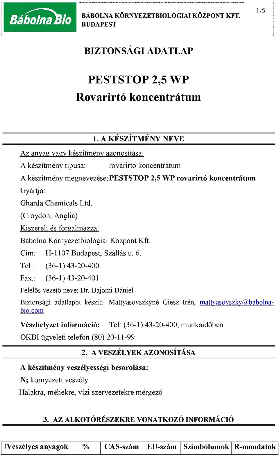 (Croydon, Anglia) Kiszereli és forgalmazza: Bábolna Környezetbiológiai Központ Kft. Cím: H-1107 Budapest, Szállás u. 6. Tel.: (36-1) 43-20-400 Fax.: (36-1) 43-20-401 Felelős vezető neve: Dr.