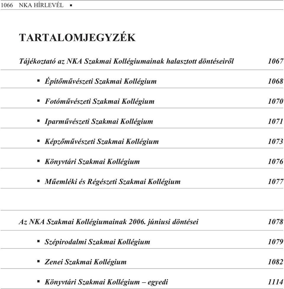 Kollégium 1073 Könyvtári Szakmai Kollégium 1076 Mûemléki és Régészeti Szakmai Kollégium 1077 Az NKA Szakmai Kollégiumainak