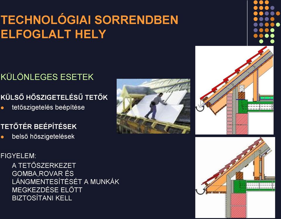 BEÉPÍTÉSEK belső hőszigetelések FIGYELEM: A TETŐSZERKEZET