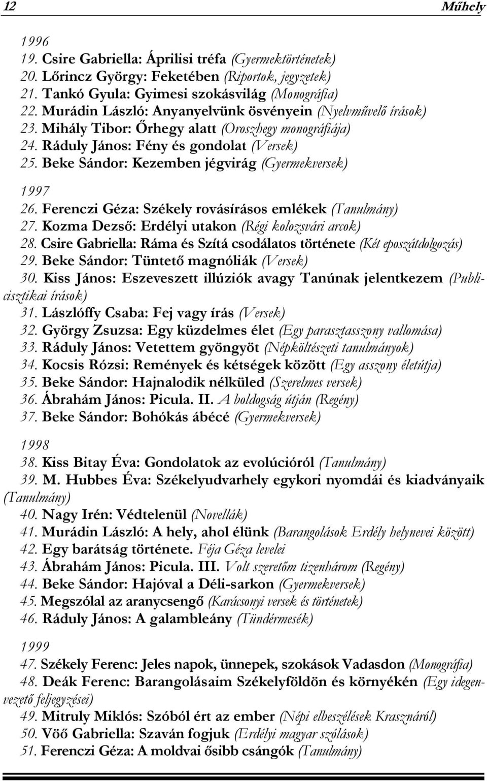 Beke Sándor: Kezemben jégvirág (Gyermekversek) 1997 26. Ferenczi Géza: Székely rovásírásos emlékek (Tanulmány) 27. Kozma Dezső: Erdélyi utakon (Régi kolozsvári arcok) 28.