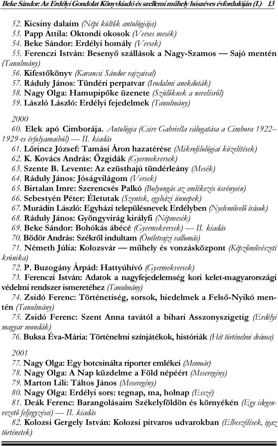 Ráduly János: Tündéri perpatvar (Irodalmi anekdoták) 58. Nagy Olga: Hamupipőke üzenete (Szülőknek a nevelésről) 59. László László: Erdélyi fejedelmek (Tanulmány) 2000 60. Elek apó Cimborája.