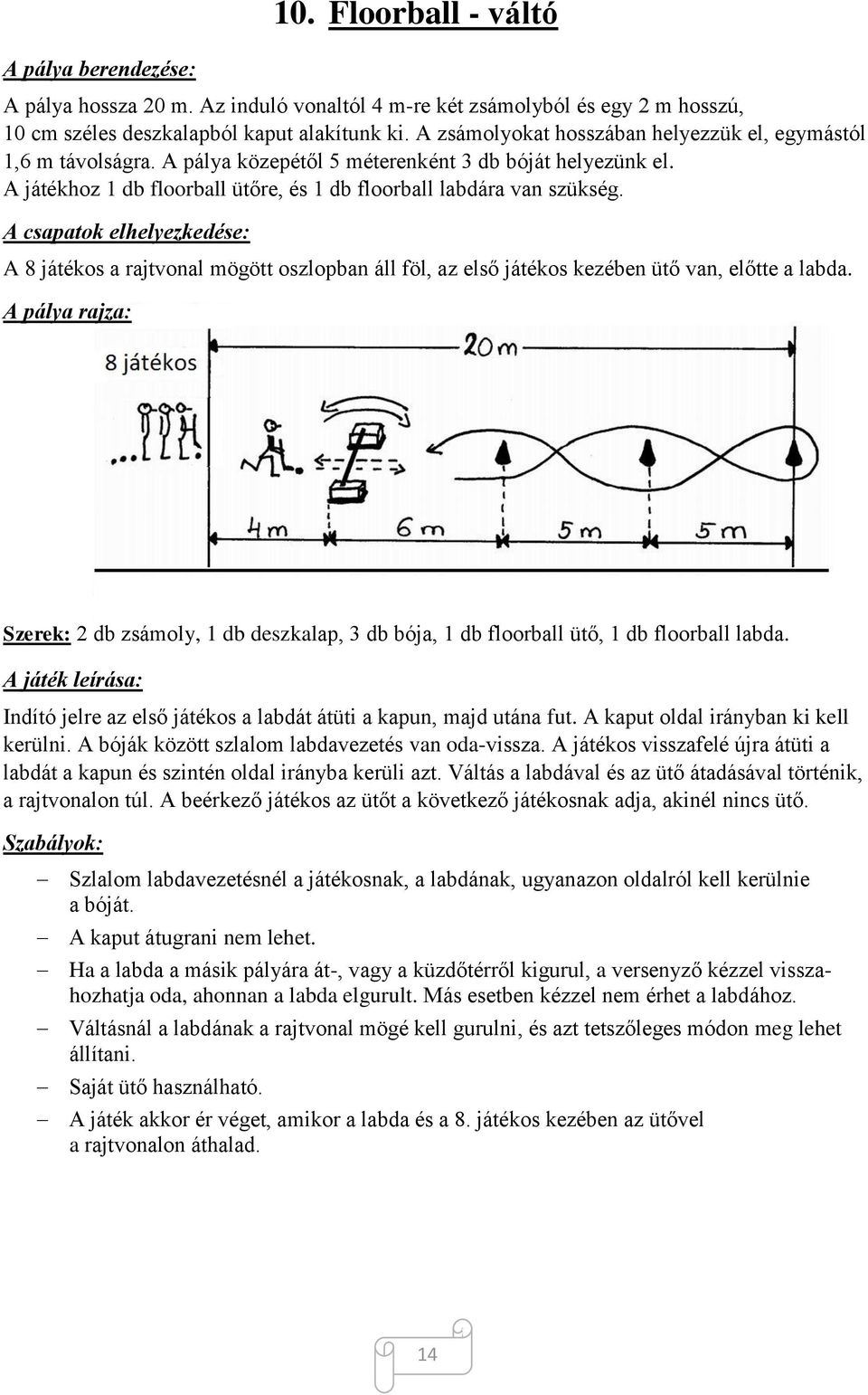 A 8 játékos a rajtvonal mögött oszlopban áll föl, az első játékos kezében ütő van, előtte a labda. 2 db zsámoly, 1 db deszkalap, 3 db bója, 1 db floorball ütő, 1 db floorball labda.