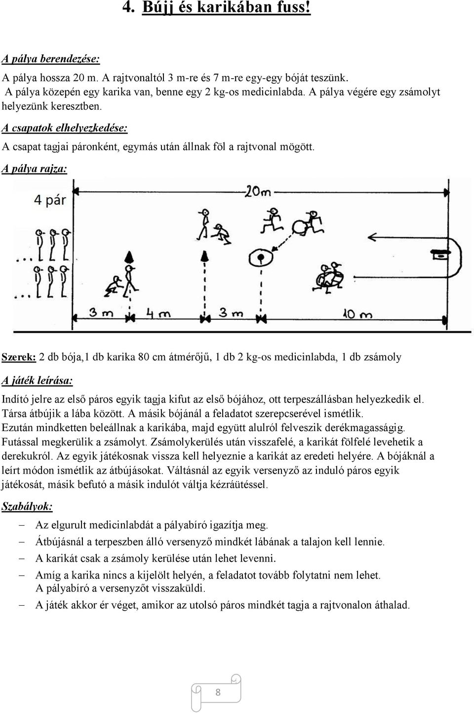 2 db bója,1 db karika 80 cm átmérőjű, 1 db 2 kg-os medicinlabda, 1 db zsámoly Indító jelre az első páros egyik tagja kifut az első bójához, ott terpeszállásban helyezkedik el.