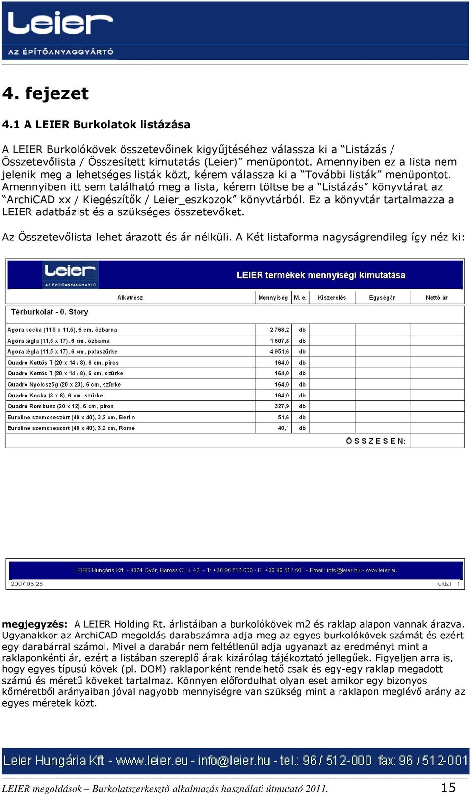 Amennyiben itt sem található meg a lista, kérem töltse be a Listázás könyvtárat az ArchiCAD xx / Kiegészítők / Leier_eszkozok könyvtárból.
