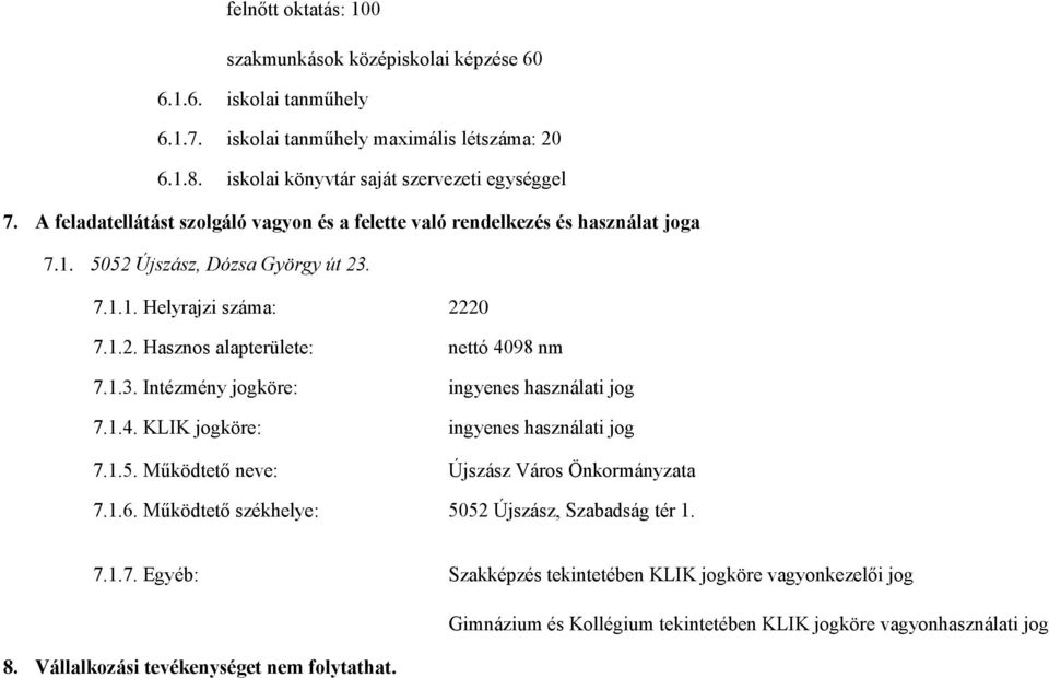 1.3. Intézmény jogköre: ingyenes használati jog 7.1.4. KLIK jogköre: ingyenes használati jog 7.1.5. Működtető neve: Újszász Város Önkormányzata 7.1.6.