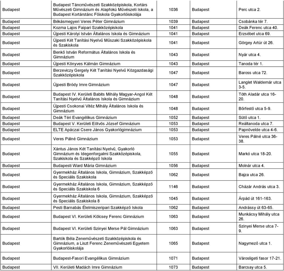 Újpesti Két Tanítási Nyelvű Műszaki és Szakiskola Benkő István Református Általános Iskola és 1041 Görgey Artúr út 26. 1043 Nyár utca 4. Újpesti Könyves Kálmán 1043 Tanoda tér 1.