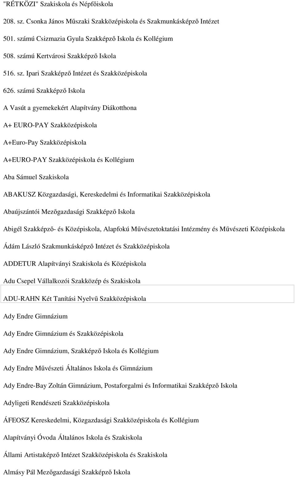 számú Szakképző Iskola A Vasút a gyemekekért Alapítvány Diákotthona A+ EURO-PAY Szakközépiskola A+Euro-Pay Szakközépiskola A+EURO-PAY Szakközépiskola és Kollégium Aba Sámuel Szakiskola ABAKUSZ