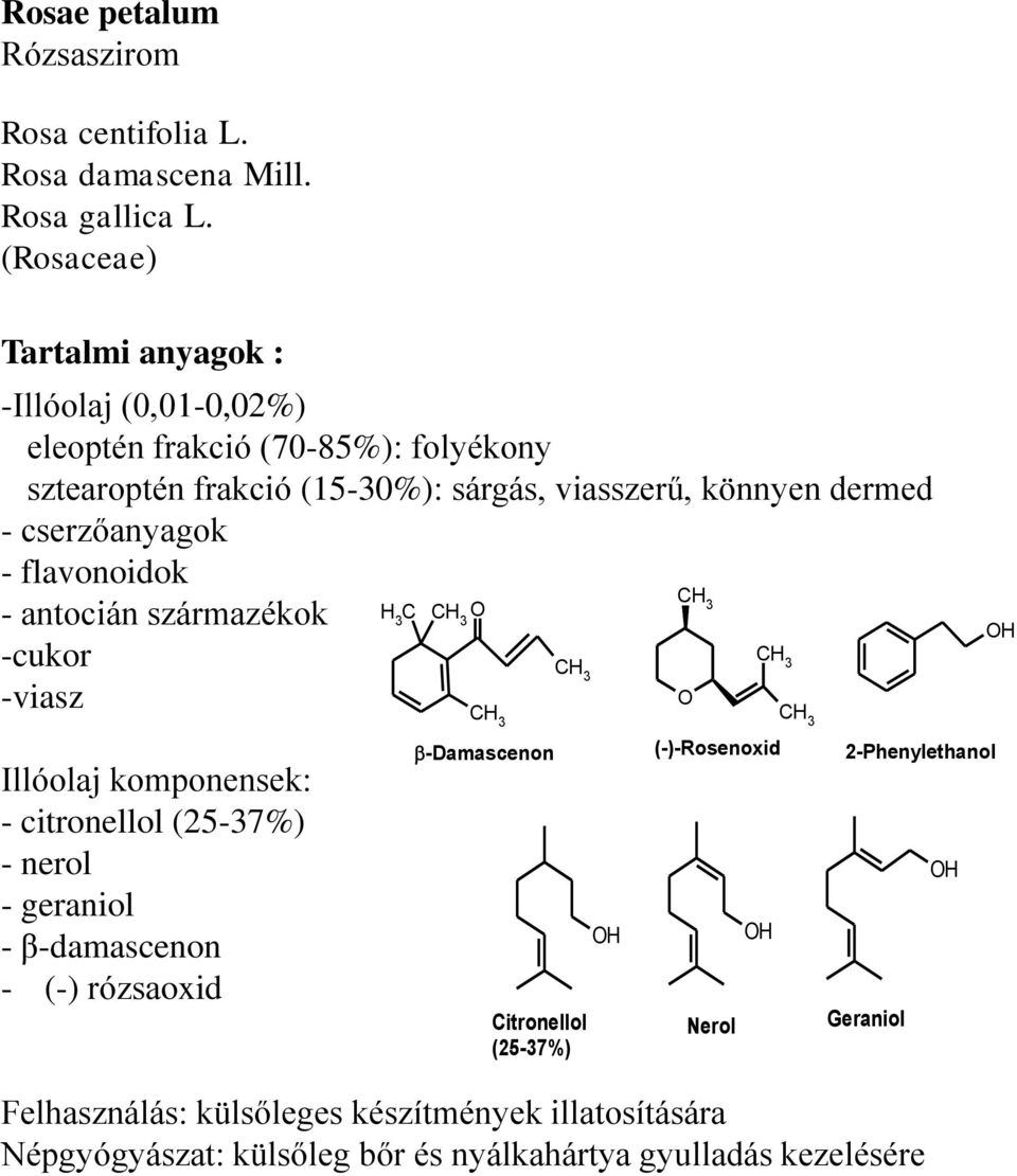 cserzőanyagok - flavonoidok - antocián származékok -cukor -viasz Illóolaj komponensek: - citronellol (25-37%) - nerol - geraniol - β-damascenon - (-) rózsaoxid