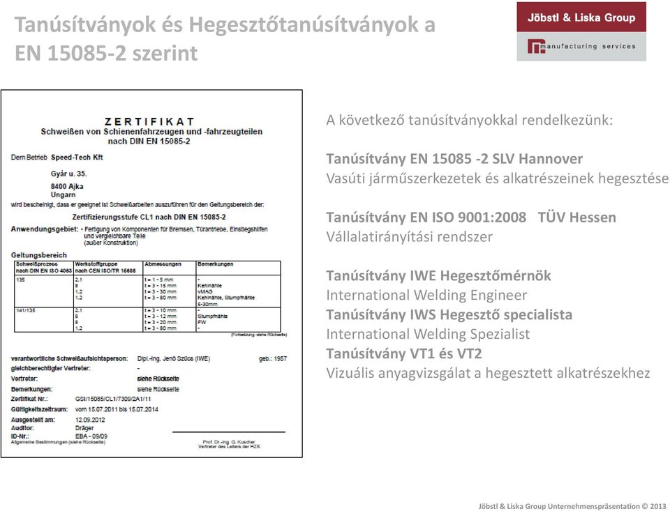 Vállalatirányítási rendszer Tanúsítvány IWE Hegesztőmérnök International Welding Engineer Tanúsítvány IWS Hegesztő