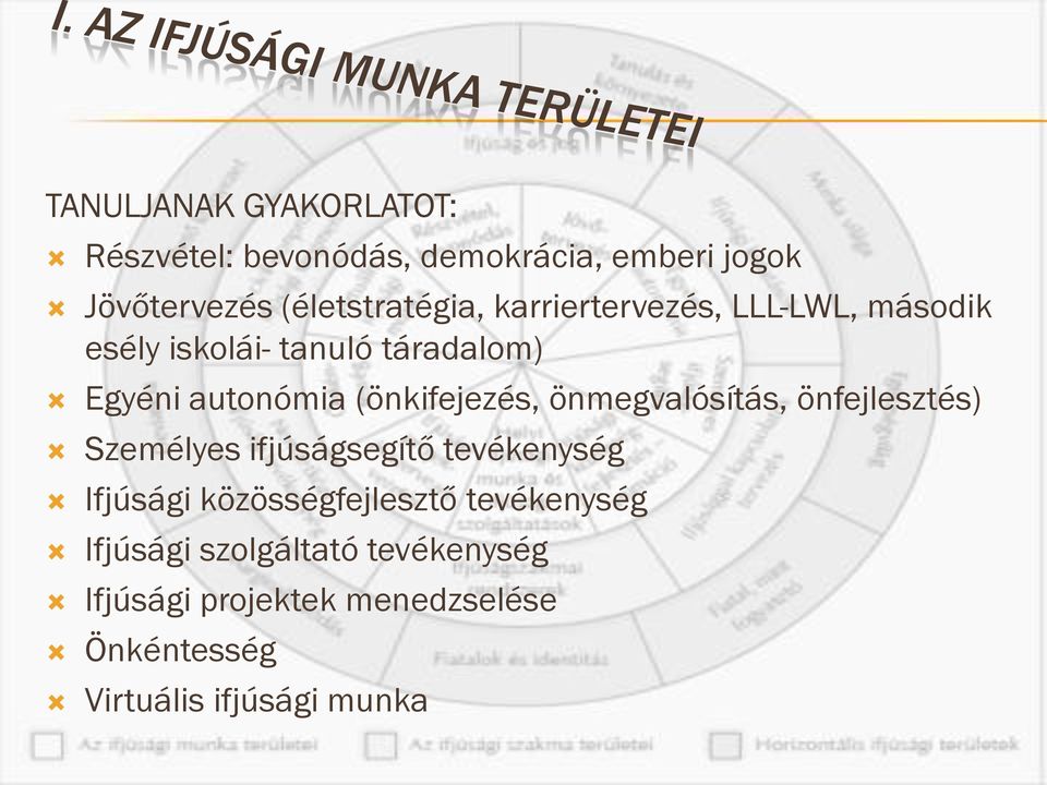 önmegvalósítás, önfejlesztés) Személyes ifjúságsegítő tevékenység Ifjúsági közösségfejlesztő