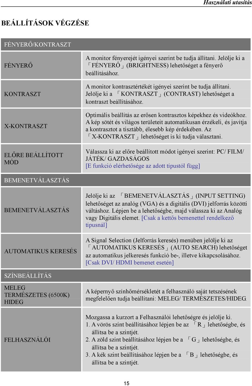 Jelölje ki a KONTRASZT (CONTRAST) lehetőséget a kontraszt beállításához. Optimális beállítás az erősen kontrasztos képekhez és videókhoz.