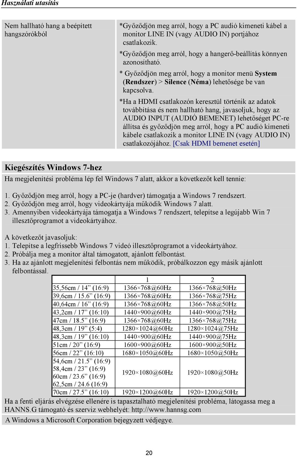 *Ha a HDMI csatlakozón keresztül történik az adatok továbbítása és nem hallható hang, javasoljuk, hogy az AUDIO INPUT (AUDIÓ BEMENET) lehetőséget PC-re állítsa és győződjön meg arról, hogy a PC audió