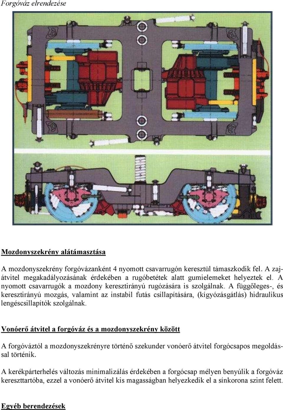 A függőleges-, és keresztirányú mozgás, valamint az instabil futás csillapítására, (kígyózásgátlás) hidraulikus lengéscsillapítók szolgálnak.
