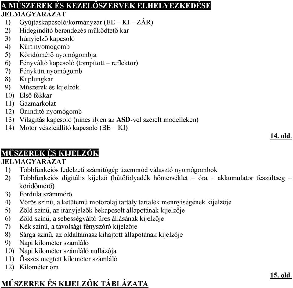 (nincs ilyen az ASD-vel szerelt modelleken) 14) Motor vészleállító kapcsoló (BE KI) 14. old.