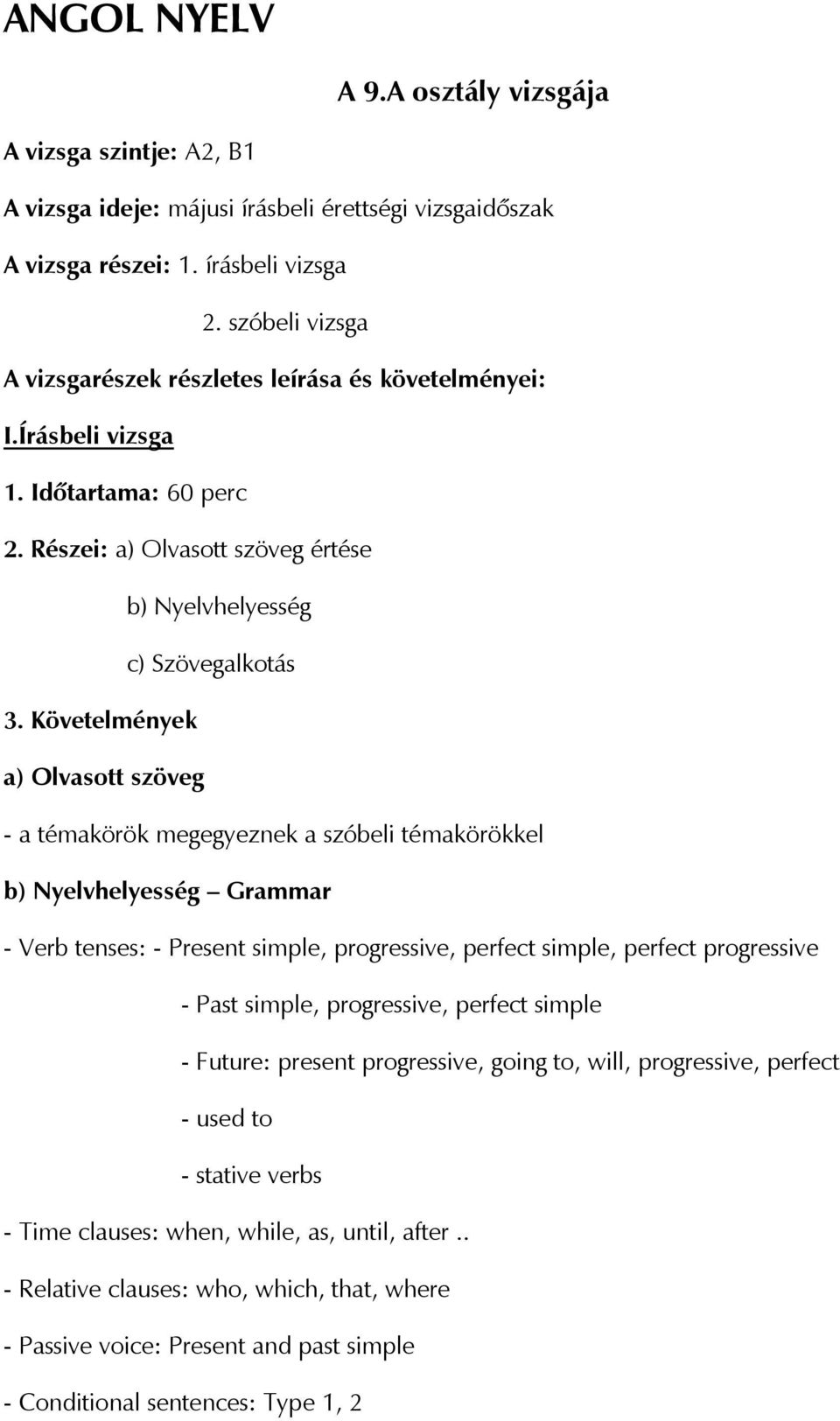 Követelmények a) Olvasott szöveg - a témakörök megegyeznek a szóbeli témakörökkel b) Nyelvhelyesség Grammar - Verb tenses: - Present simple, progressive, perfect simple, perfect progressive - Past