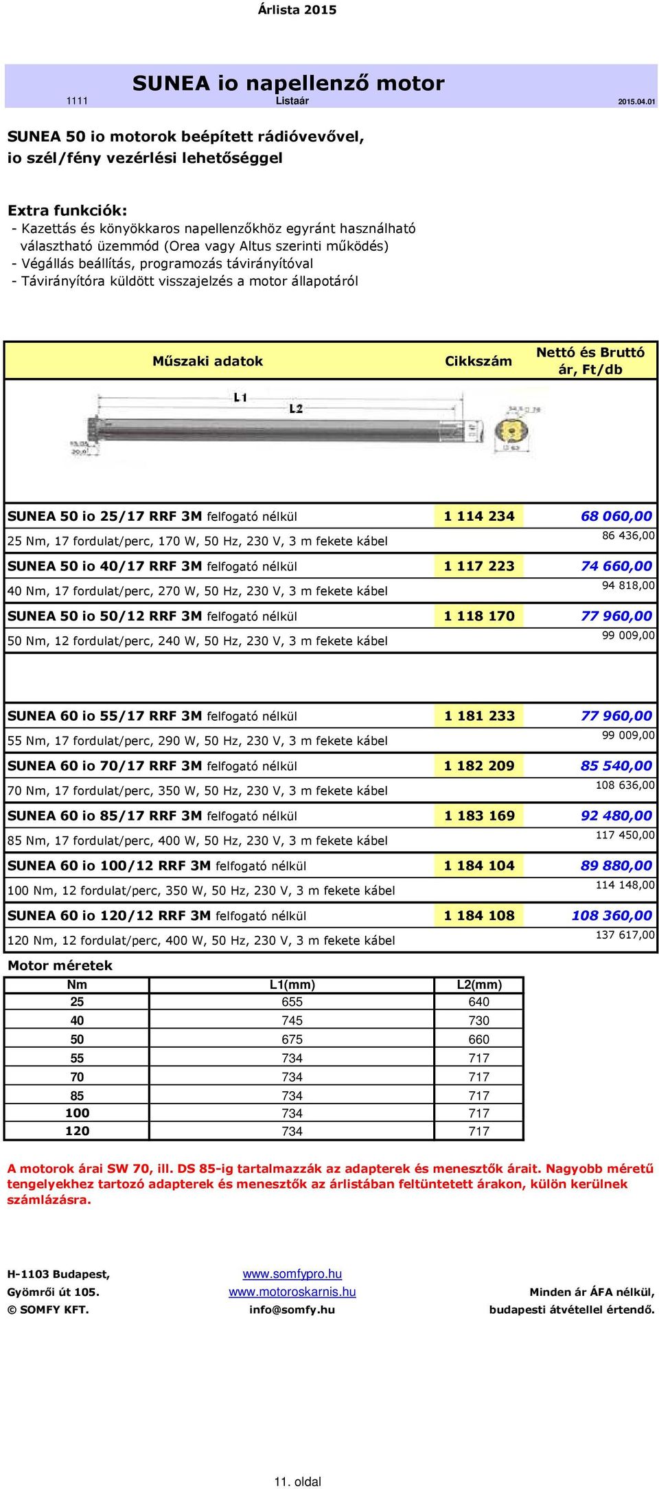 nélkül 1 114 234 68060,00 25 Nm, 17 fordulat/perc, 170 W, 50 Hz, 230 V, 3 m fekete kábel 86 436,00 SUNEA 50 io 40/17 RRF 3M felfogató nélkül 1 117 223 74660,00 40 Nm, 17 fordulat/perc, 270 W, 50 Hz,