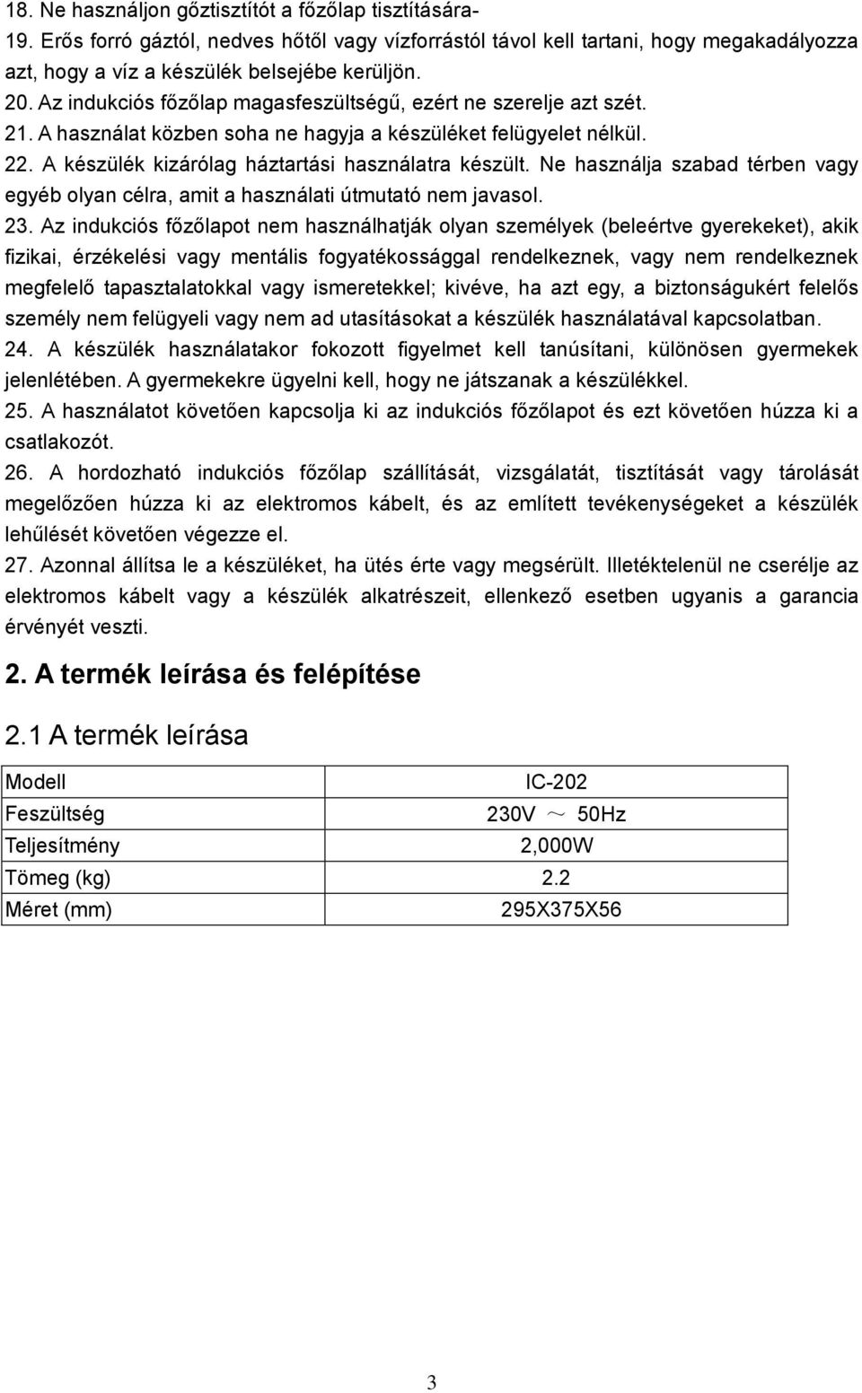 Indukciós Főzőlap HASZNÁLATI UTASÍTÁS. Modellszám: IC PDF Ingyenes letöltés