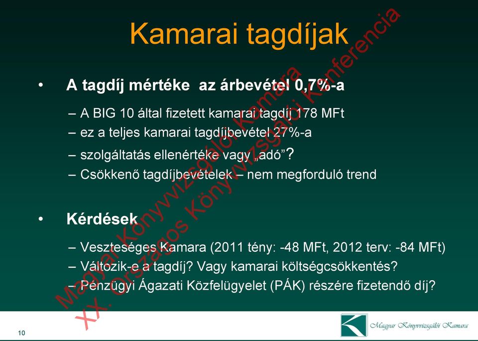 Csökkenő tagdíjbevételek nem megforduló trend Kérdések Veszteséges Kamara (2011 tény: -48 MFt, 2012