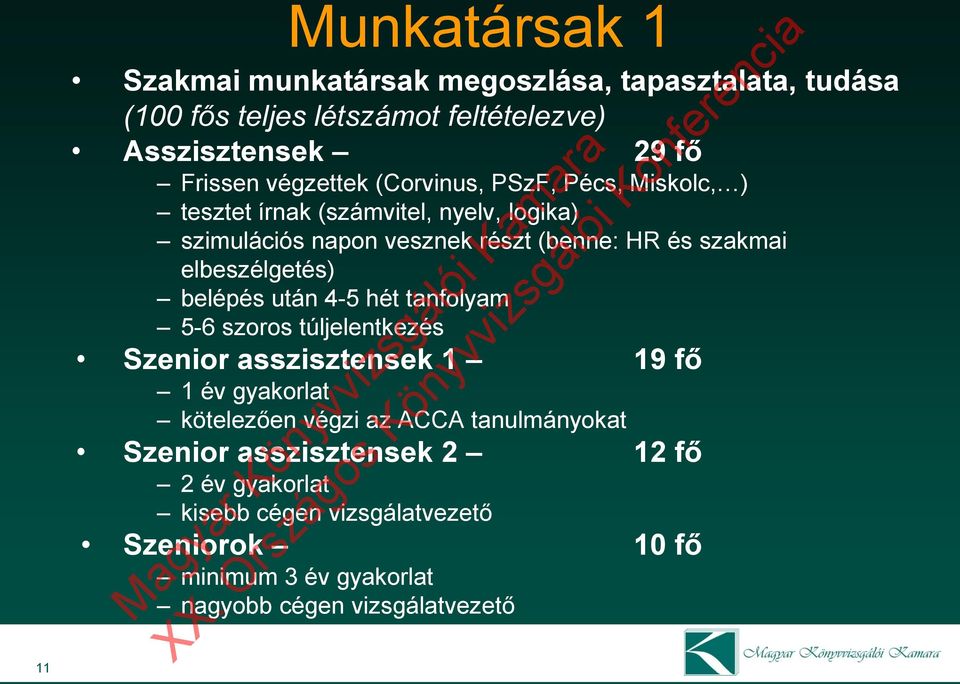 elbeszélgetés) belépés után 4-5 hét tanfolyam 5-6 szoros túljelentkezés Szenior asszisztensek 1 19 fő 1 év gyakorlat kötelezően végzi az ACCA