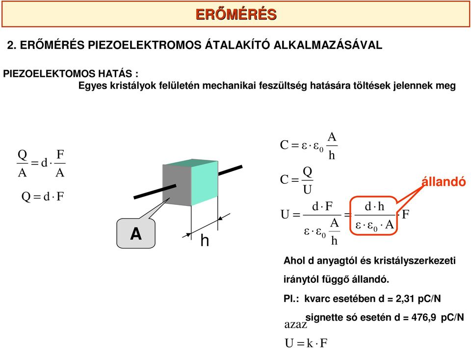 0 0 állandó PIEZOELEKTOMOS HTÁS : Egyes kristályok felületén mechanikai feszültség