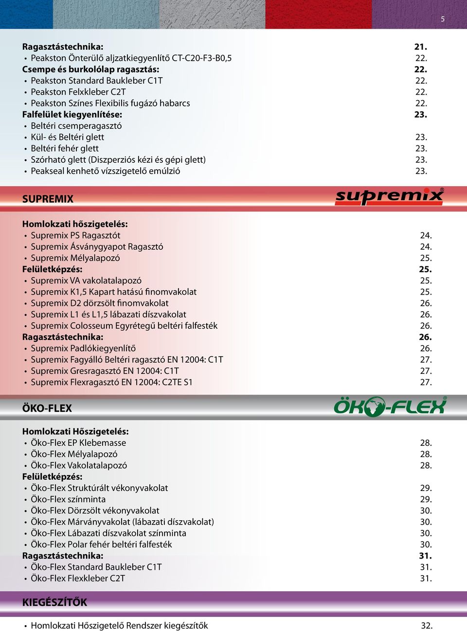 Peakseal kenhető vízszigetelő emúlzió 23. SUPREMIX Homlokzati hőszigetelés: Supremix PS Ragasztót 24. Supremix Ásványgyapot Ragasztó 24. Supremix Mélyalapozó 25. Felületképzés: 25.