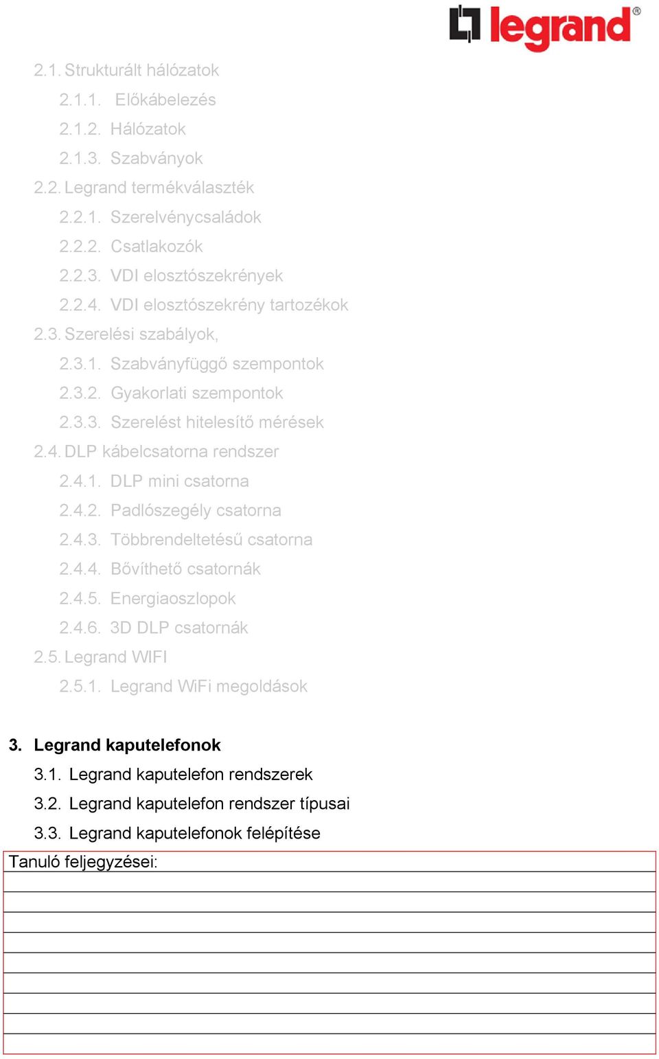 4.1. DLP mini csatorna 2.4.2. Padlószegély csatorna 2.4.3. Többrendeltetésű csatorna 2.4.4. Bővíthető csatornák 2.4.5. Energiaoszlopok 2.4.6. 3D DLP csatornák 2.5. Legrand WIFI 2.5.1. Legrand WiFi megoldások 3.