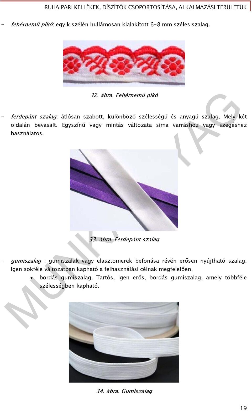 Egyszínű vagy mintás változata sima varráshoz vagy szegéshez használatos. 33. ábra.