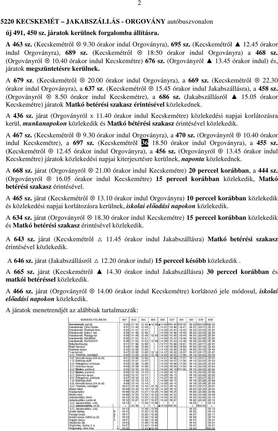 45 órakor indul) és, járatok megszüntetésre kerülnek. A 679 sz. (Kecskemétről 20.00 órakor indul Orgoványra), a 669 sz. (Kecskemétről 22.30 órakor indul Orgoványra), a 637 sz. (Kecskemétről 15.