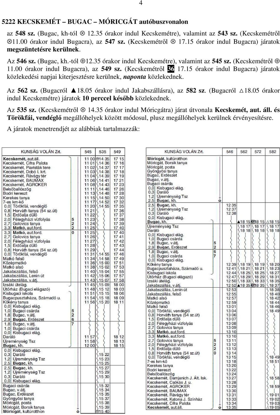 (Kecskemétről 36 17.15 órakor indul Bugacra) járatok közlekedési napjai kiterjesztésre kerülnek, naponta közlekednek. Az 562 sz. (Bugacról 18.