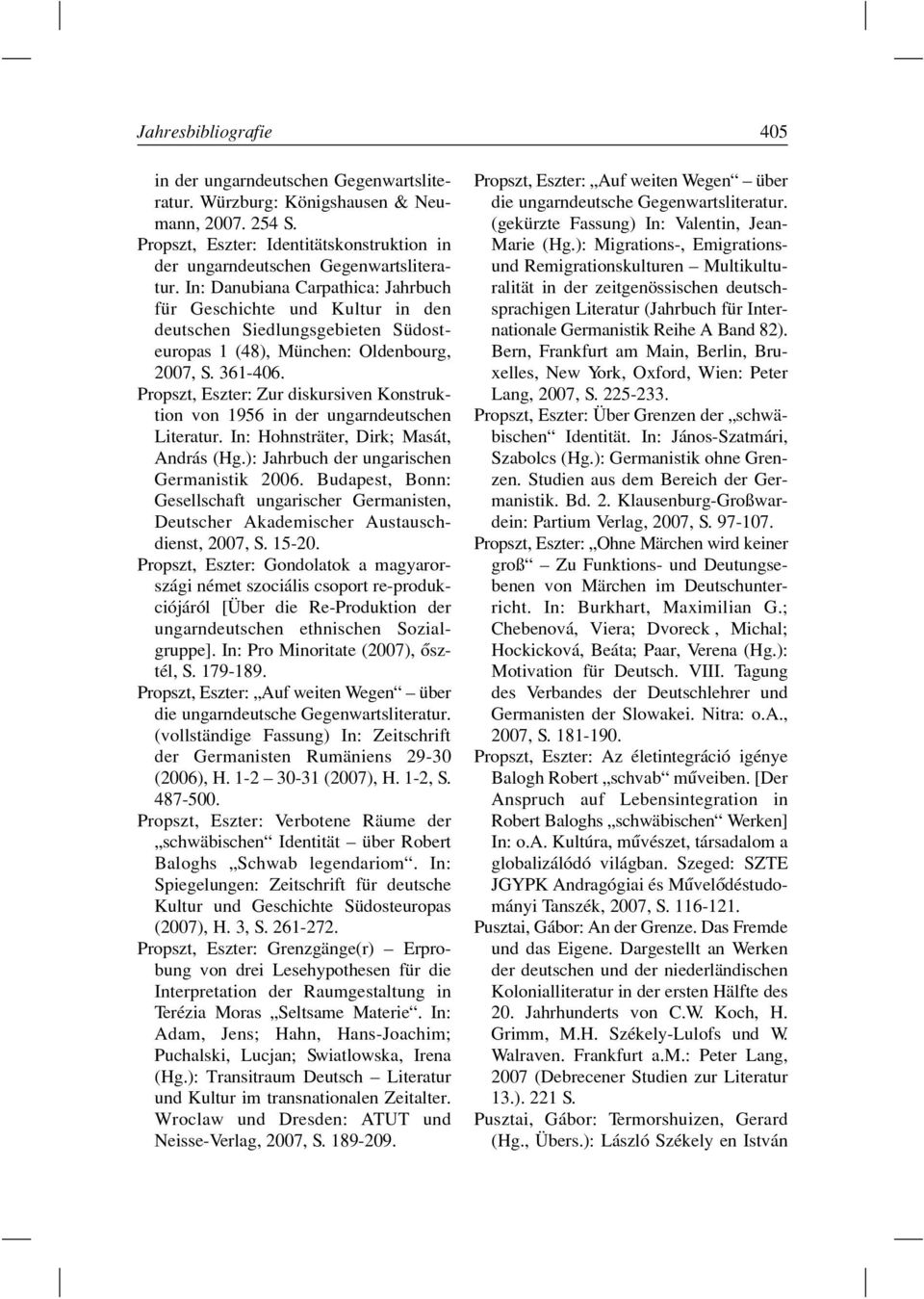 Propszt, Eszter: Zur diskursiven Konstruktion von 1956 in der ungarndeutschen Literatur. In: Hohnsträter, Dirk; Masát, András (Hg.): Jahrbuch der ungarischen Germanistik 2006.
