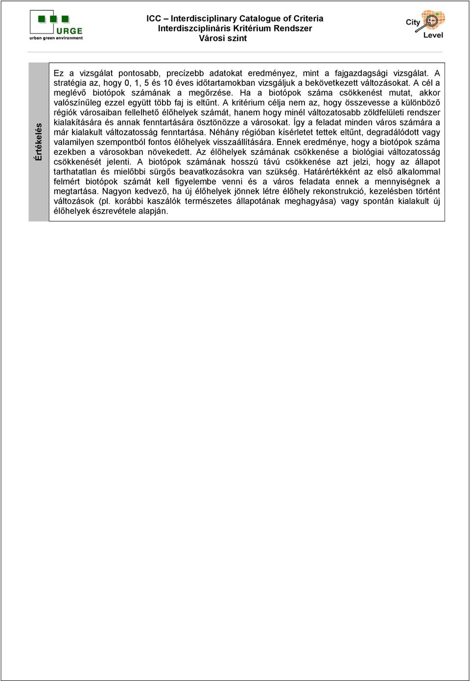 A kritérium célja nem az, hogy összevesse a különböző régiók városaiban fellelhető élőhelyek számát, hanem hogy minél változatosabb zöldfelületi rendszer kialakítására és annak fenntartására