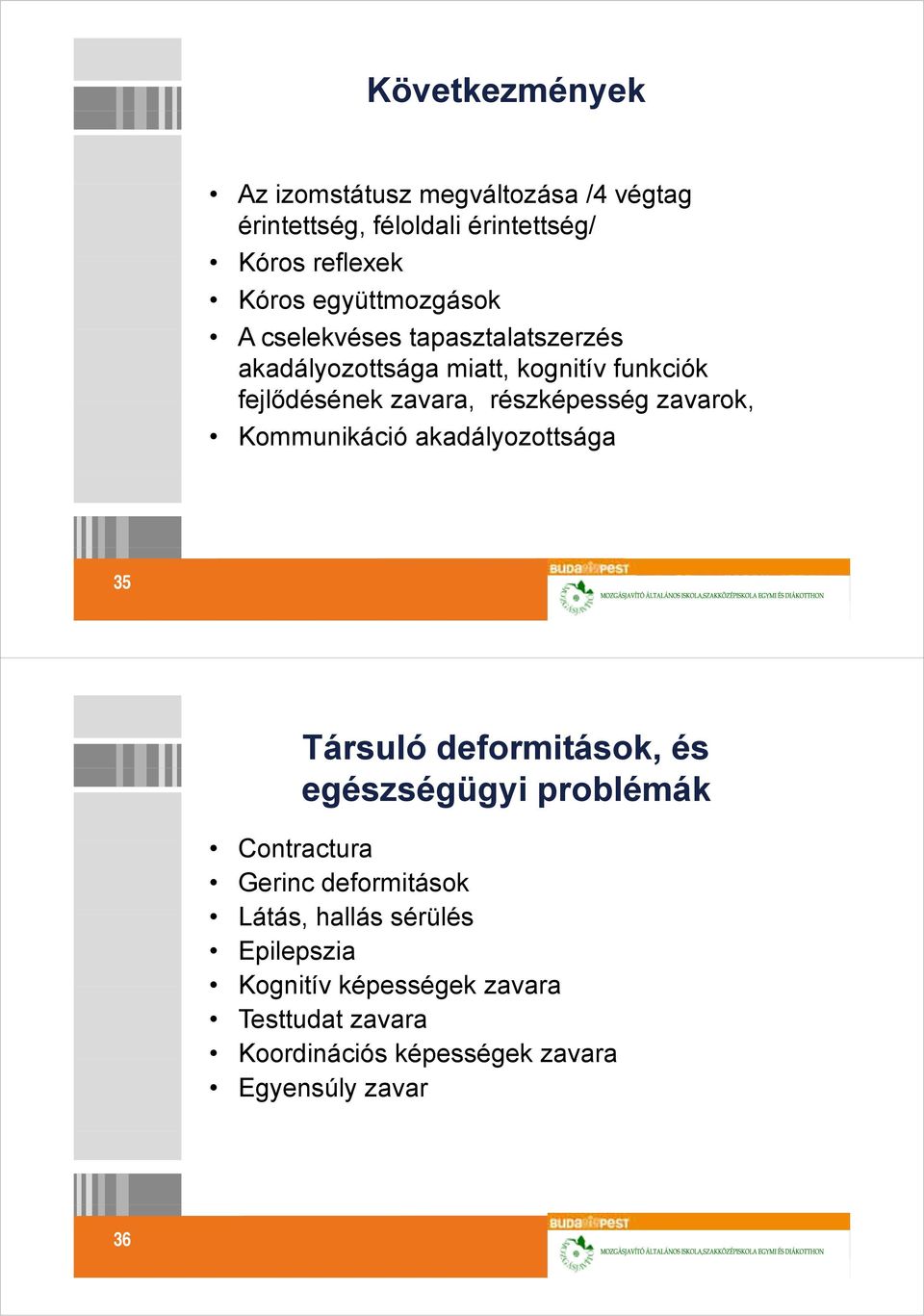 részképesség zavarok, Kommunikáció akadályozottsága 35 Társuló deformitások, és egészségügyi problémák Contractura t