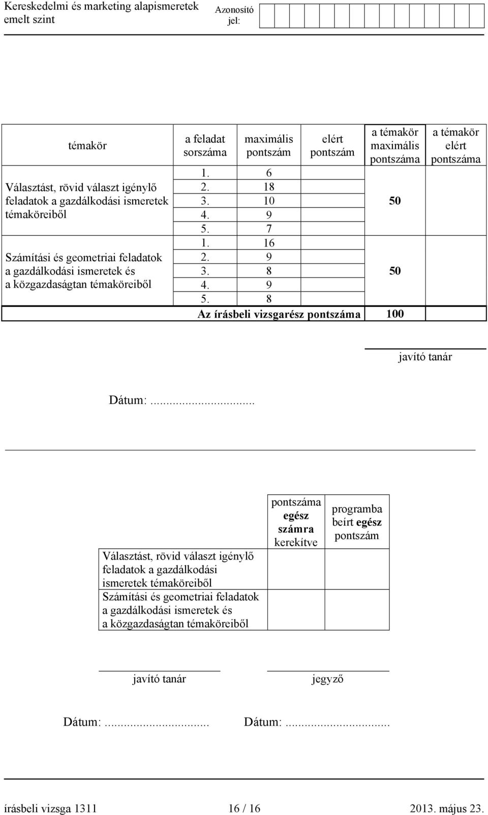 7 1. 16 2. 9 3. 8 50 4. 9 5. 8 Az írásbeli vizsgarész pontszáma 100 a témakör elért pontszáma javító tanár Dátum:.