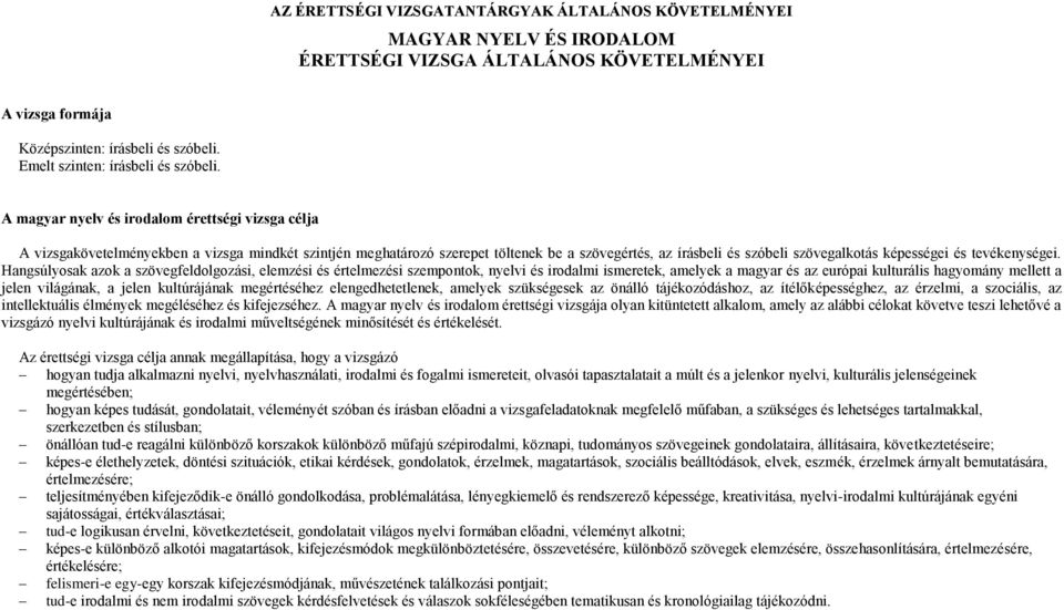 A magyar nyelv és irodalom érettségi vizsga célja A vizsgakövetelményekben a vizsga mindkét szintjén meghatározó szerepet töltenek be a szövegértés, az írásbeli és szóbeli szövegalkotás képességei és