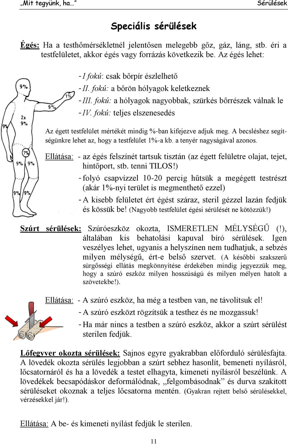 fokú: teljes elszenesedés Az égett testfelület mértékét mindig %-ban kifejezve adjuk meg. A becsléshez segítségünkre lehet az, hogy a testfelület 1%-a kb. a tenyér nagyságával azonos.