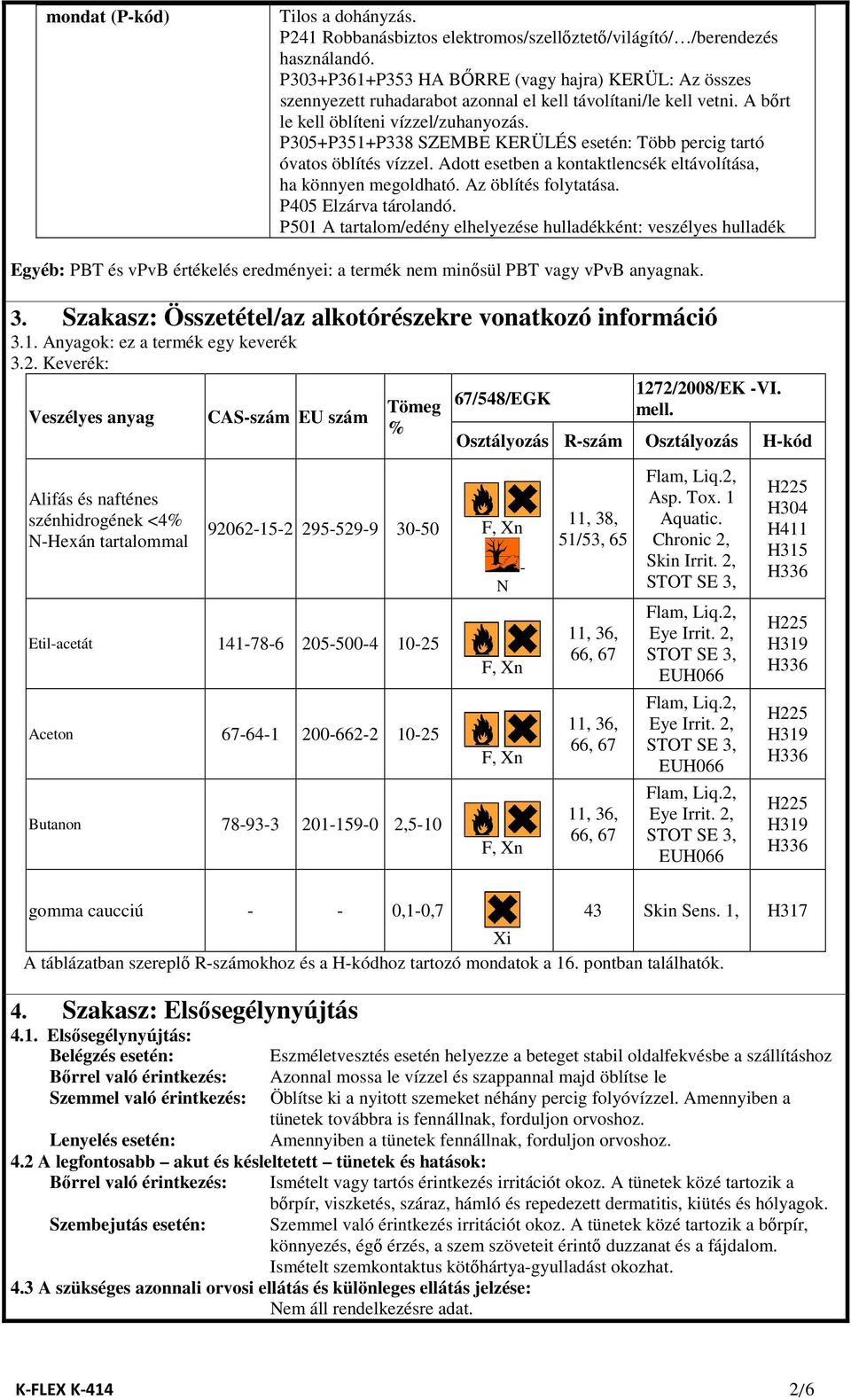 P305+P351+P338 SZEMBE KERÜLÉS esetén: Több percig tartó óvatos öblítés vízzel. Adott esetben a kontaktlencsék eltávolítása, ha könnyen megoldható. Az öblítés folytatása. P405 Elzárva tárolandó.