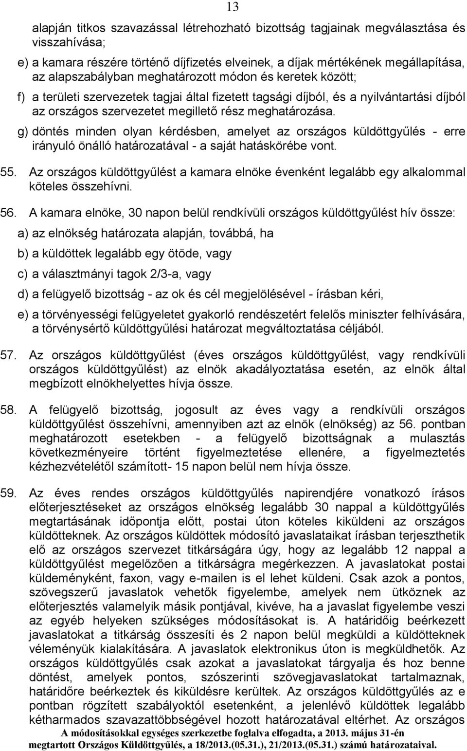 g) döntés minden olyan kérdésben, amelyet az országos küldöttgyűlés - erre irányuló önálló határozatával - a saját hatáskörébe vont. 55.