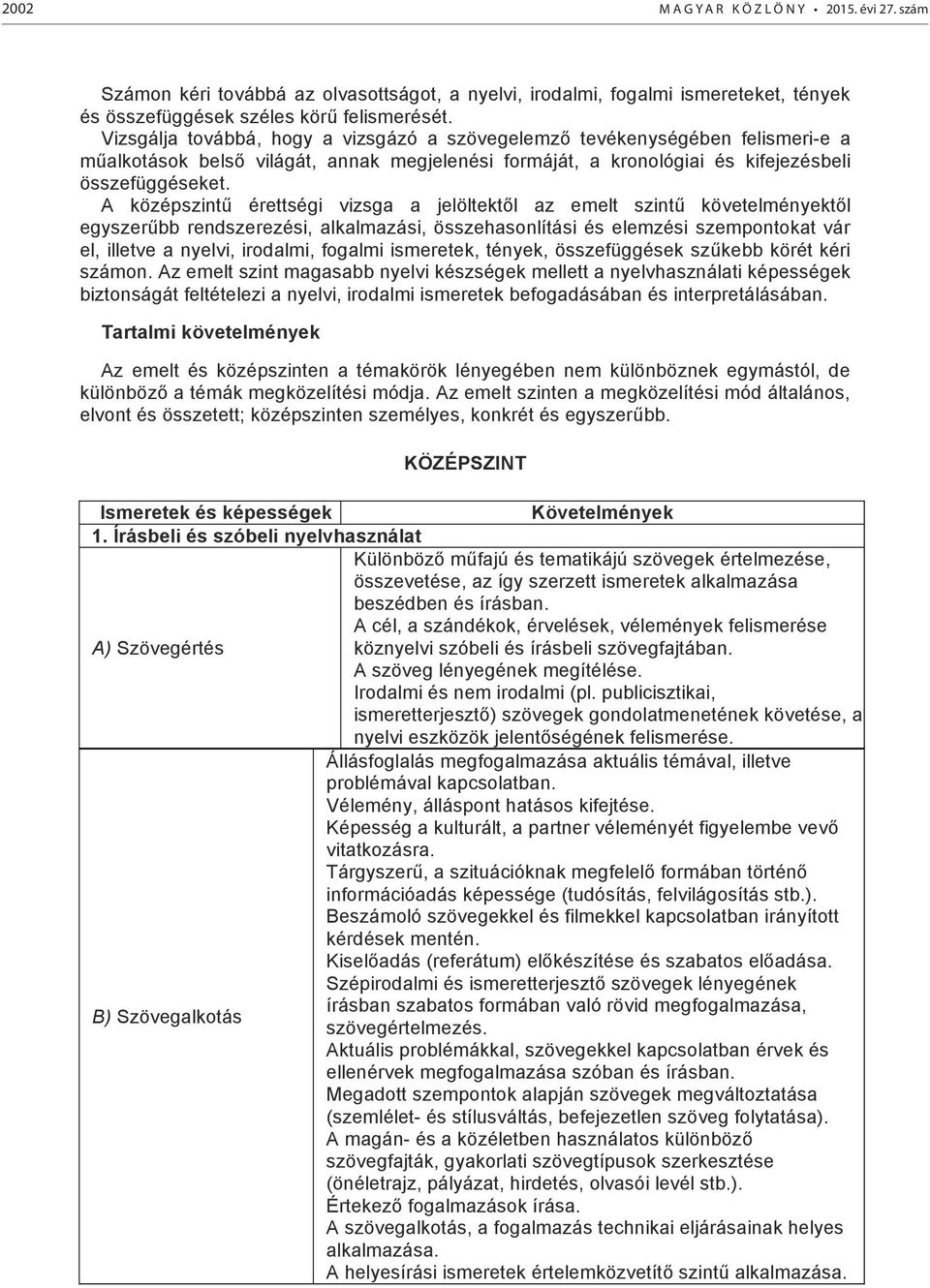 A középszintű érettségi vizsga a jelöltektől az emelt szintű követelményektől egyszerűbb rendszerezési, alkalmazási, összehasonlítási és elemzési szempontokat vár el, illetve a nyelvi, irodalmi,