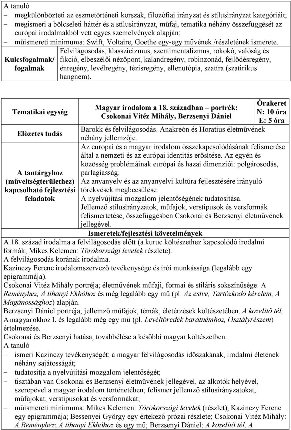 Kulcs/ Felvilágosodás, klasszicizmus, szentimentalizmus, rokokó, valóság és fikció, elbeszélői nézőpont, kalandregény, robinzonád, fejlődésregény, énregény, levélregény, tézisregény, ellenutópia,