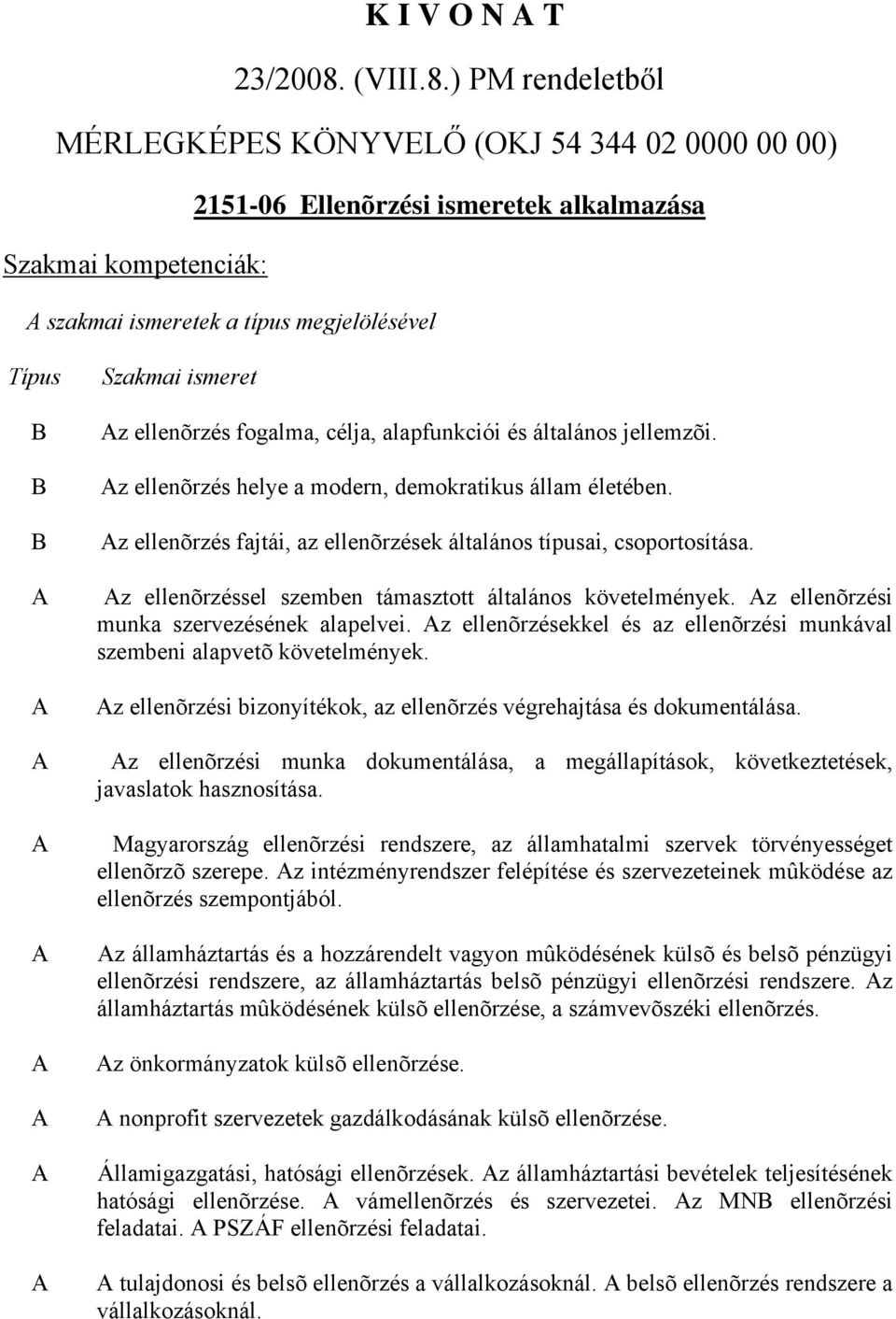 ) PM rendeletből MÉRLEGKÉPES KÖNYVELŐ (OKJ 54 344 02 0000 00 00) 2151-06 Ellenõrzési ismeretek alkalmazása Szakmai kompetenciák: szakmai ismeretek a típus megjelölésével Típus B B B Szakmai ismeret z