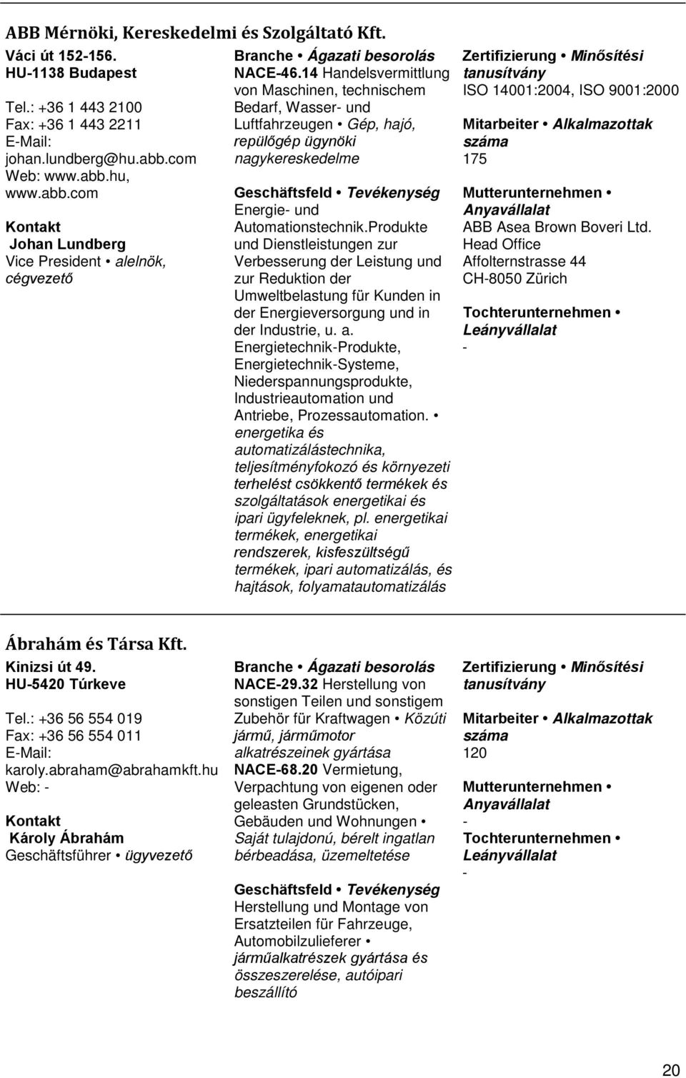 14 Handelsvermittlung von Maschinen, technischem Bedarf, Wasser und Luftfahrzeugen Gép, hajó, repülőgép ügynöki nagykereskedelme Energie und Automationstechnik.