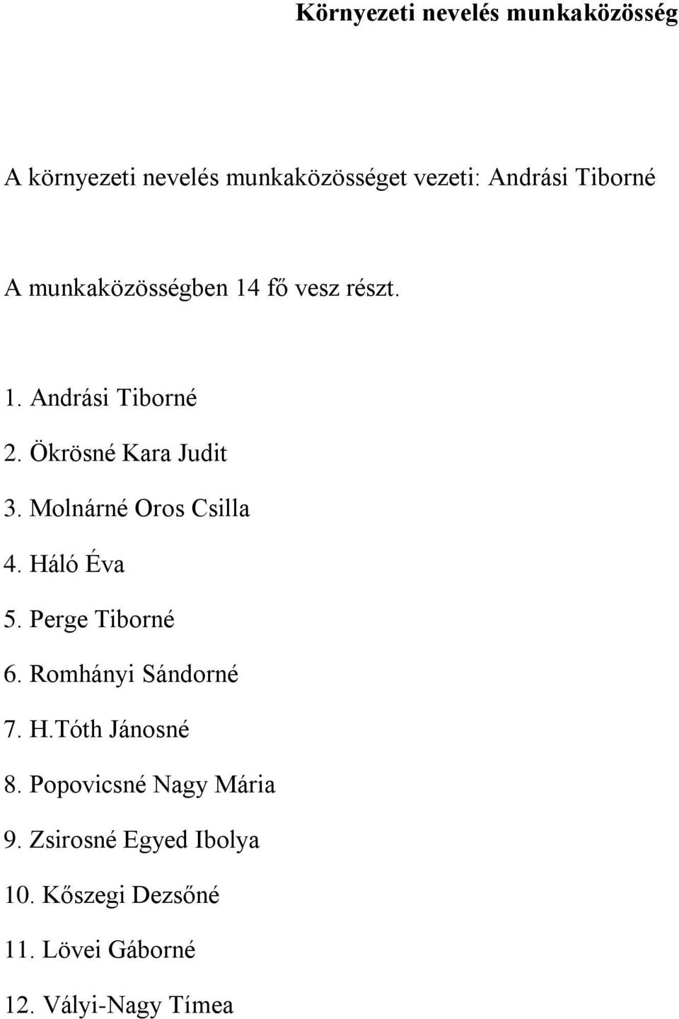 Romhányi Sándorné 7. H.Tóth Jánosné 8. Popovicsné Nagy Mária 9.