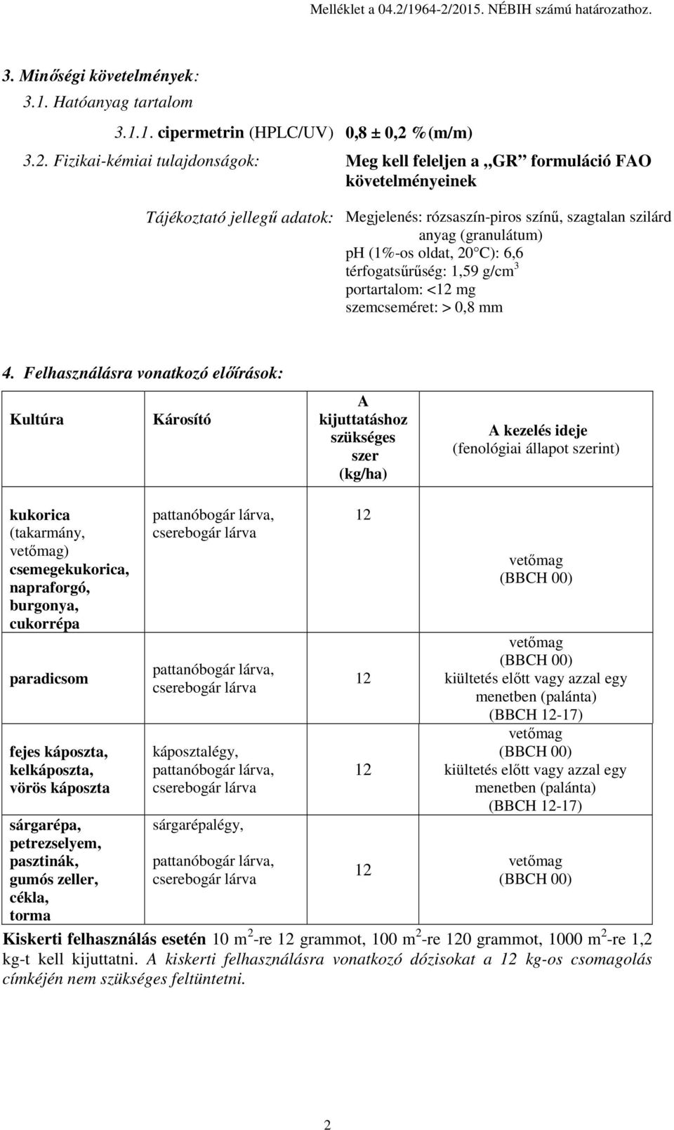 2015. NÉBIH számú határozathoz. 3. Minőségi követelmények: 3.1. Hatóanyag tartalom 3.1.1. cipermetrin (HPLC/UV) 0,8 ± 0,2 %(m/m) 3.2. Fizikai-kémiai tulajdonságok: Meg kell feleljen a GR formuláció