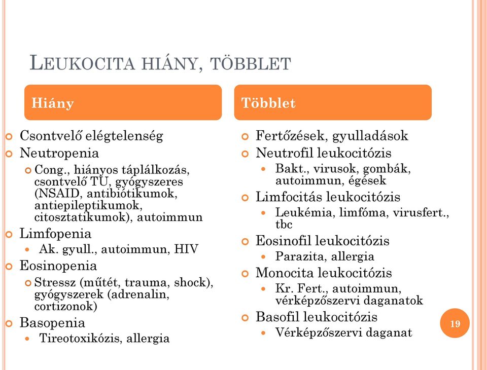 , autoimmun, HIV Eosinopenia Stressz (műtét, trauma, shock), gyógyszerek (adrenalin, cortizonok) Basopenia Tireotoxikózis, allergia Többlet Fertőzések, gyulladások