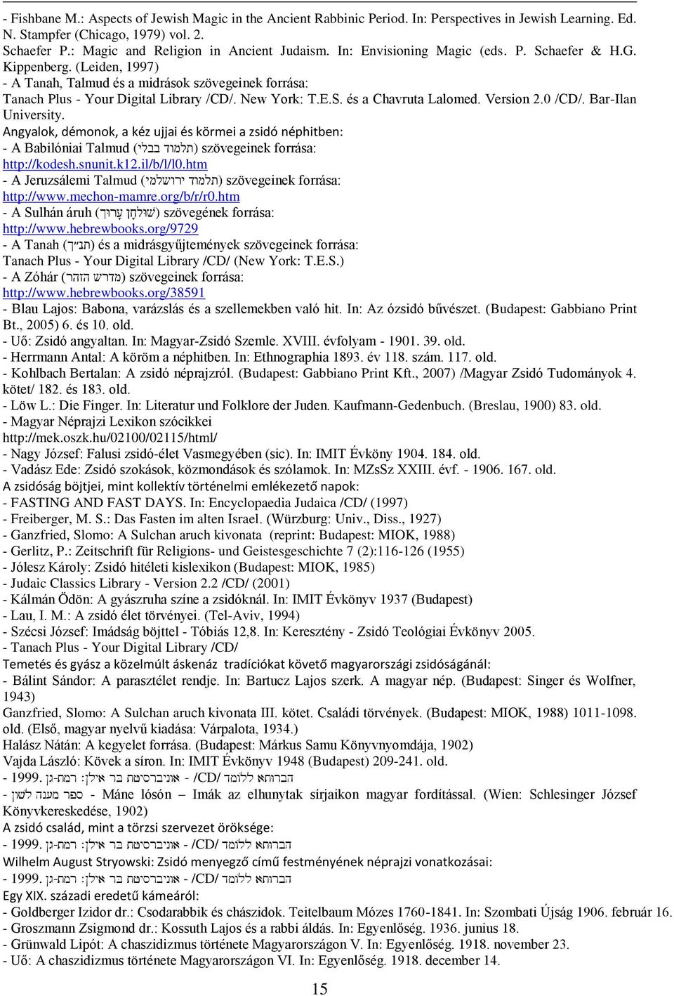 Version 2.0 /CD/. Bar-Ilan University. Angyalok, démonok, a kéz ujjai és körmei a zsidó néphitben: - A Babilóniai Talmud בבלי) (תלמוד szövegeinek forrása: http://kodesh.snunit.k12.il/b/l/l0.