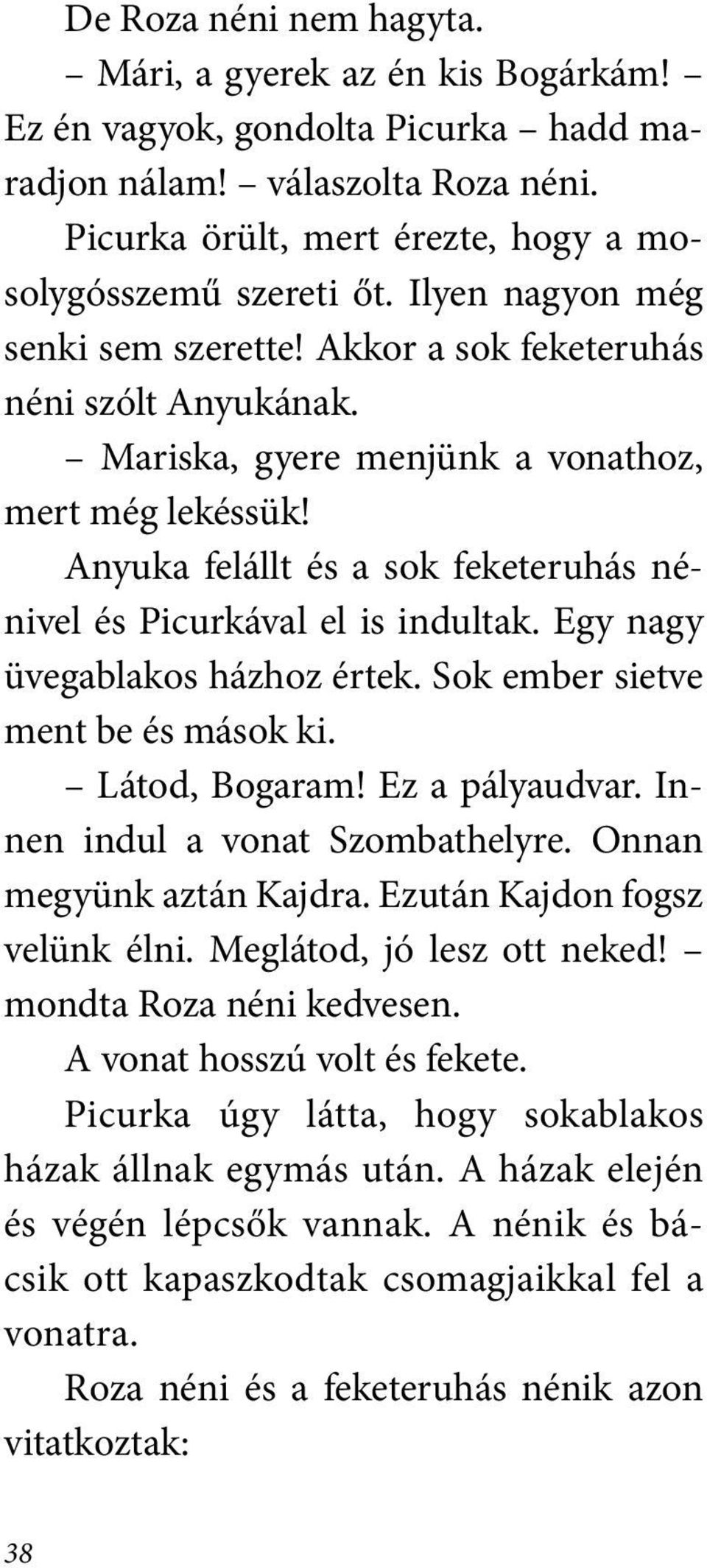 Anyuka felállt és a sok feketeruhás nénivel és Picurkával el is indultak. Egy nagy üvegablakos házhoz értek. Sok ember sietve ment be és mások ki. Látod, Bogaram! Ez a pályaudvar.
