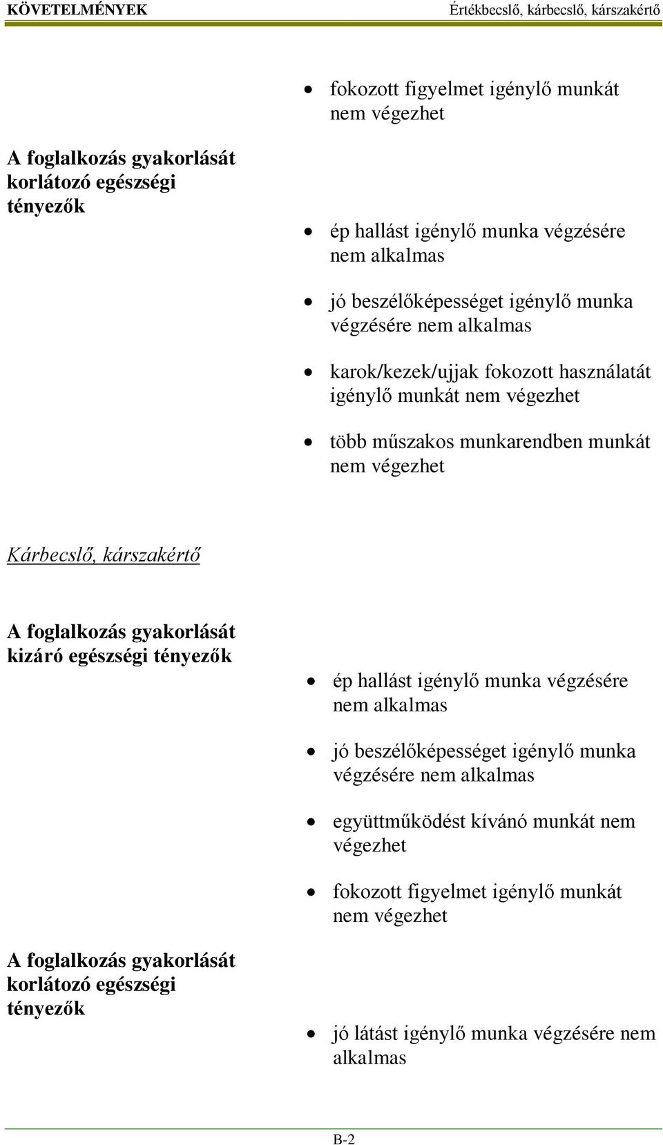 Kárbecslő, kárszakértő A foglalkozás gyakorlását kizáró egészségi tényezők ép hallást igénylő munka végzésére nem alkalmas jó beszélőképességet igénylő munka végzésére nem