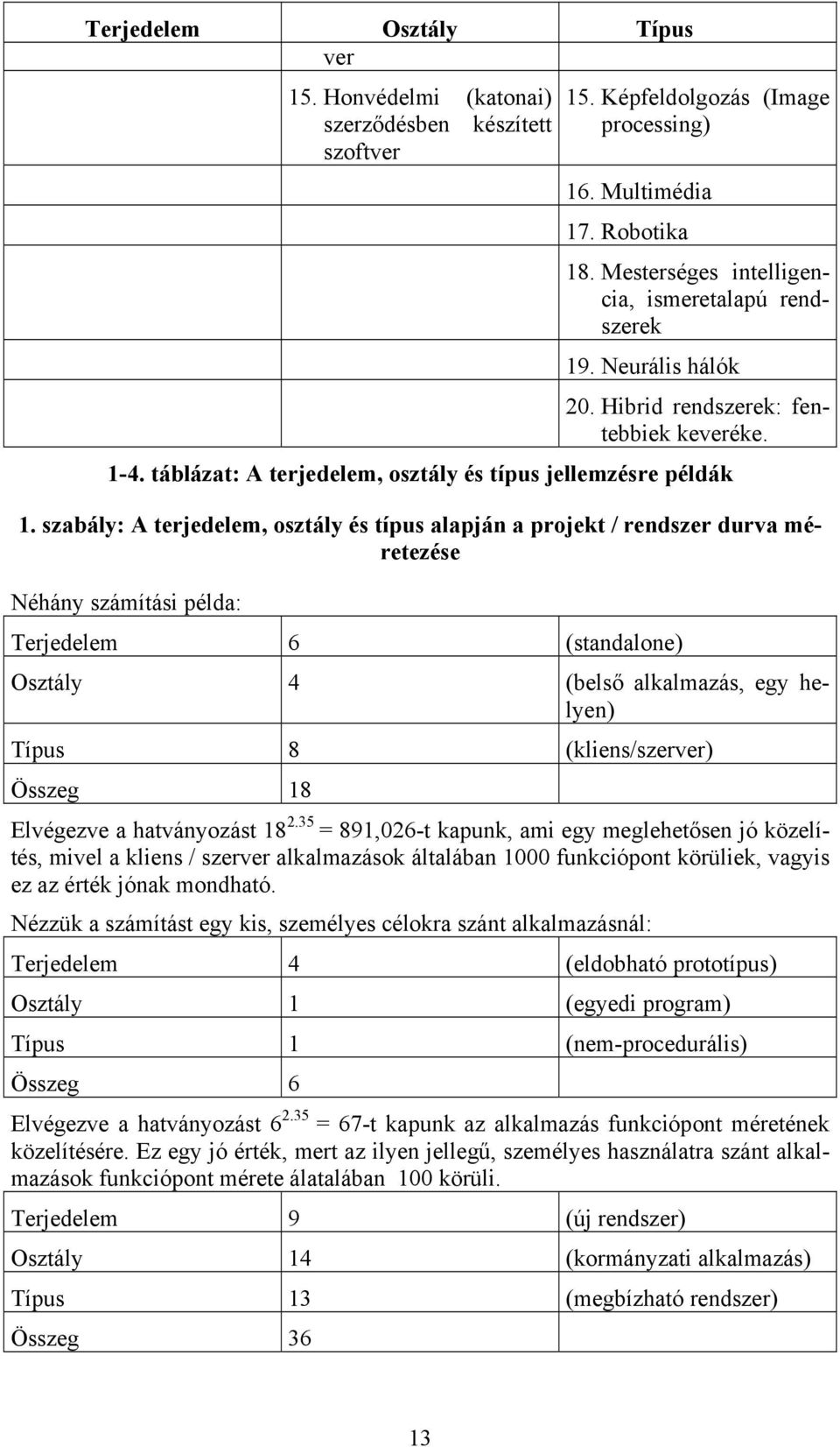 szabály: A terjedelem, osztály és típus alapján a projekt / rendszer durva méretezése Néhány számítási példa: Terjedelem 6 (standalone) Osztály 4 (belső alkalmazás, egy helyen) Típus 8