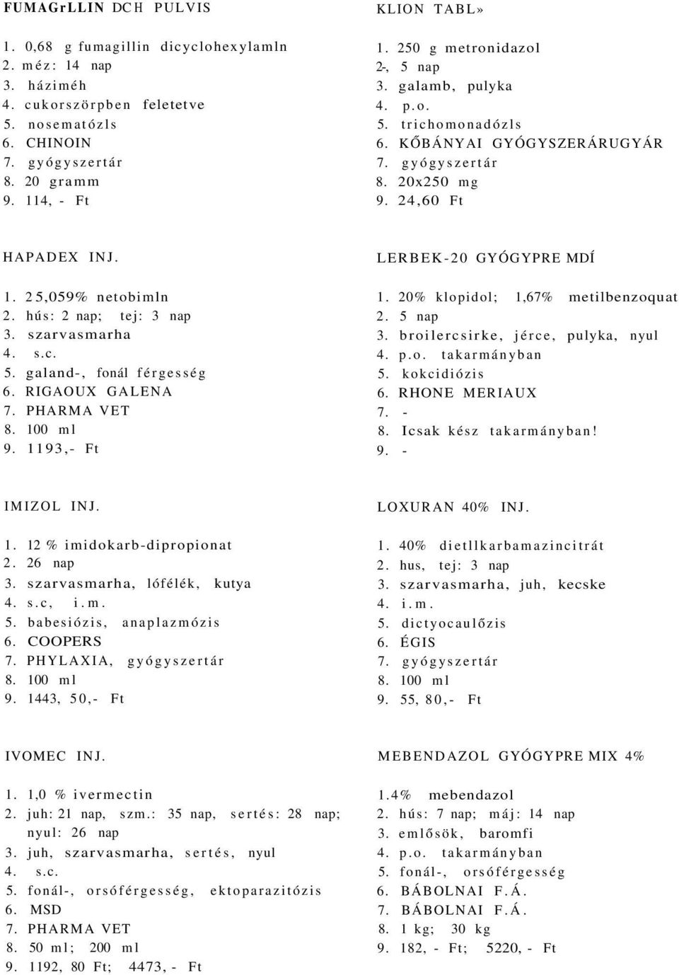 PHARMA VET 8. 100 ml 9. 1193,- Ft LERBEK-20 GYÓGYPRE MDÍ 1. 20% klopidol; 1,67% metilbenzoquat 3. broilercsirke, jérce, pulyka, nyul 6. RHONE MERIAUX 7. - 8. Icsak kész takarmányban! 9. - IMIZOL INJ.